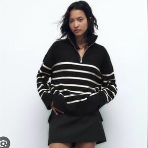 Zara Black and Cream Striped Half-Zip Sweater M